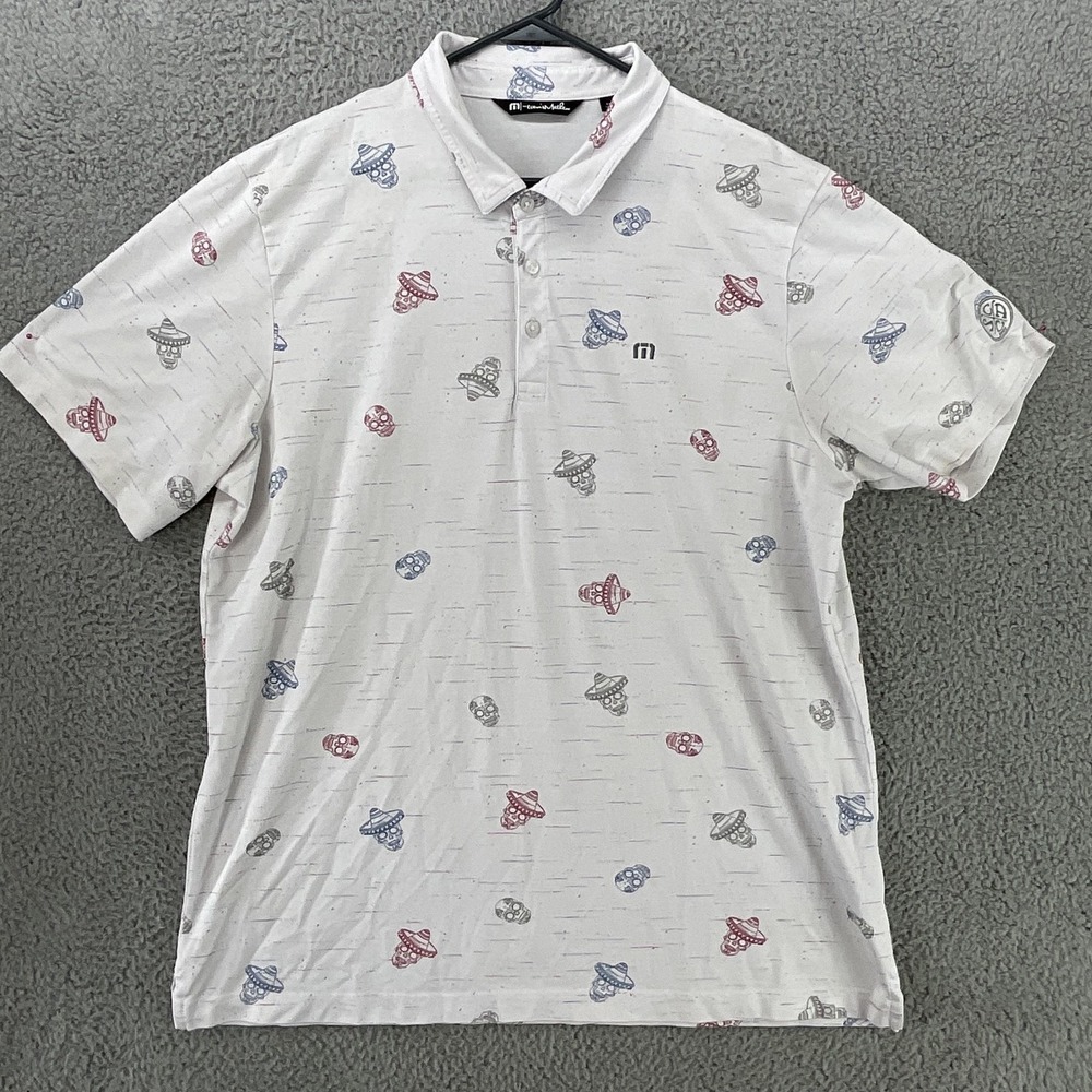 Travis Mathew Polo Shirt Mens 2XL White Skulls Print Golf Embroidered Logo